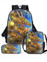 Men's 3-Piece Dragon Backpack Set with Flame Print - - Image 18