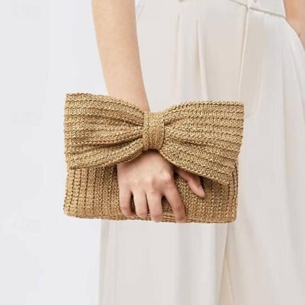Women's Boho Chic Straw Clutch with Large Bow Detail -