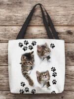 Large Capacity Tote Bag with 3D Cat Print and Paw Patterns – - Image 5