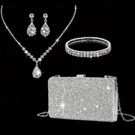 Women's Rhinestone Jewelry and Clutch Set for Weddings and