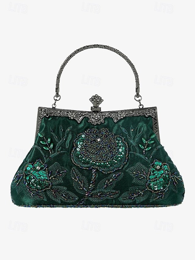 jdbfss1731741710512 Women's Vintage Green Velvet Handbag with Beaded Floral - Image 1