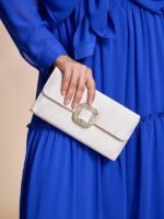 Women's White Satin Clutch with Rhinestone Buckle - Elegant - Image 4