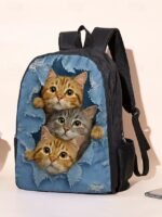 Cute cat print backpack for kids and teens - Denim style, Double - Image 3