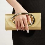 Women's Metallic Evening Clutch Bag with Gold Handle,