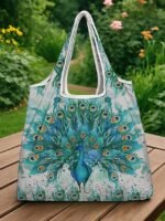 Women's Peacock Print Folding Tote Bag - Large Capacity