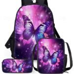 Girls Butterfly Print School Backpack 3-Piece Set with Insulated